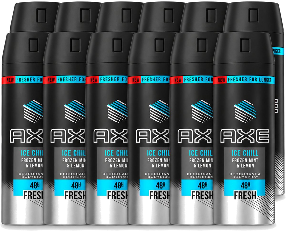 12 x Axe - Deodorant Bodyspray - 48hrs Fresh - Ice Chill - Frozen Mint & Lemon - 150 ml - Voordeelverpakking - 12 stuks