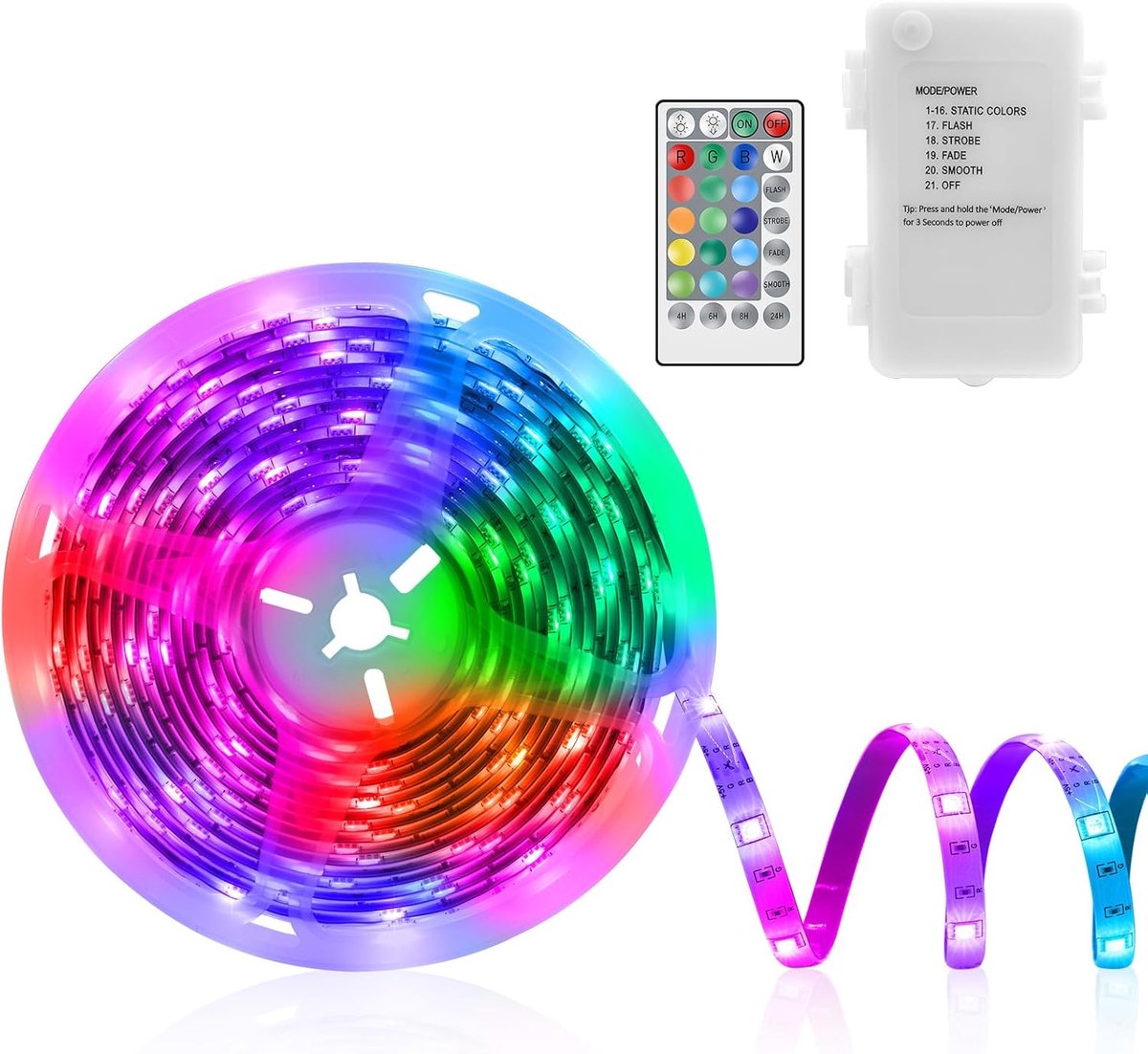 SnelShoppen - LED Strip 5m Batterij Aangedreven 150 RGB 5050 LEDs Zelfklevend met Afstandsbediening - 16 Kleuren voor Feest, Slaapkamer, Tuin, Kampere