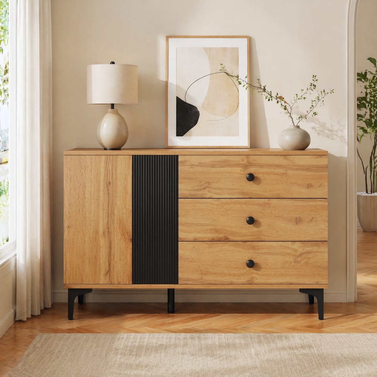 WUVRIE Dressoir 120x35x76 cm - 2 deuren, 3 lades en metalen poten - Naturel/zwart Natuurlijk