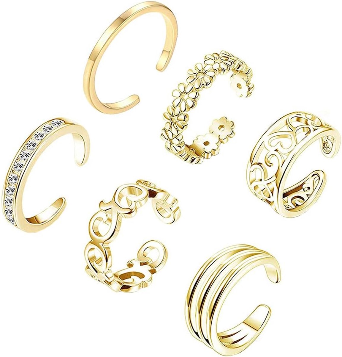 6 Pcs Adjustable Toe Rings, Finger Rings, Tail Ring, Open Toe Rings, Band Open Toe Ring Set, Knuckle Rings Set - ShopVlot