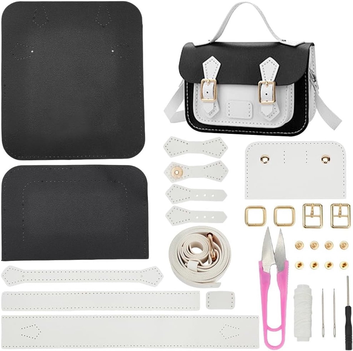 DIY Crossbody Tas Maakset, PU Leren Schoudertas Naai Set met Instructies, Handgemaakte Satchel Handtas en Portemonnee Naai Kit voor Vrouwen, Creatief Cadeau, 18x7x12cm (Zwart/Wit)