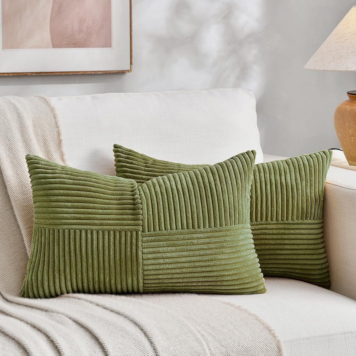 SnelShoppen - Set van 2 Kussenhoezen, Grasgroen Corduroy 40 x 60 cm, Zachte Moderne Decoratieve Kussenhoezen voor Sofa, Boho Kussen voor Woonkamer en