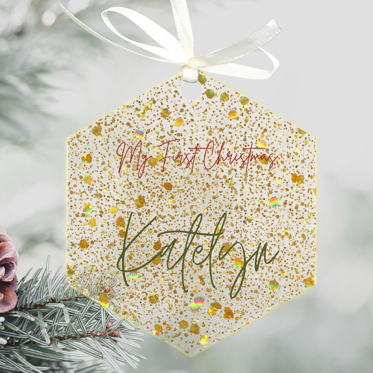 12 x zeshoekige acryldecoratie met gouden pailletten en gat, zeshoekige vorm, 7,9 cm, voor sleutelhangers, doe-het-zelf acryl, huwelijksgeschenken, kerstversiering