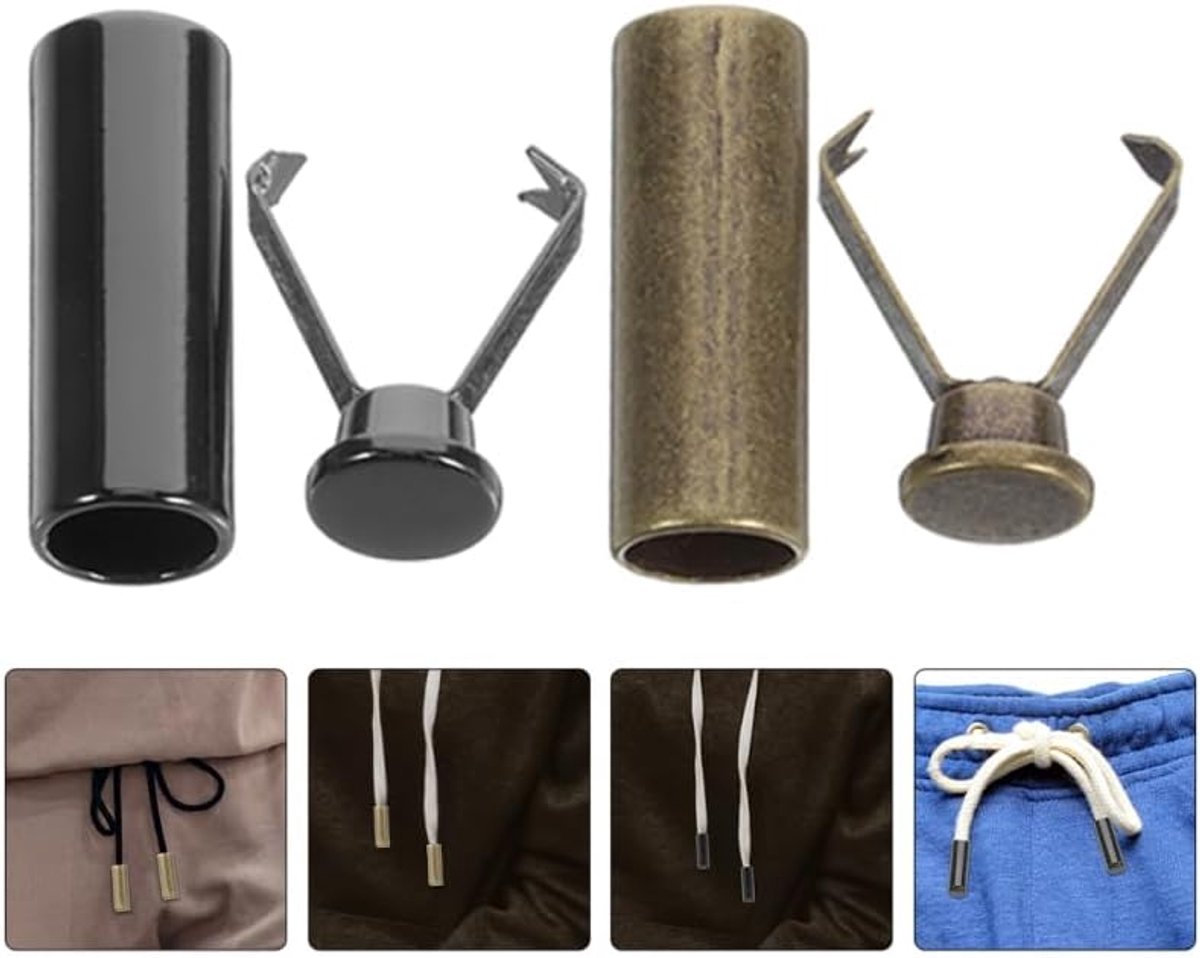 Eindkappen voor veters, van metaal, trekkoord, voor sweatshirts met capuchon en sportkleding, petten, trekkoord, sweatshirt, 6 sets, zwart en brons, 2 x 0,7 x 0,7 cm