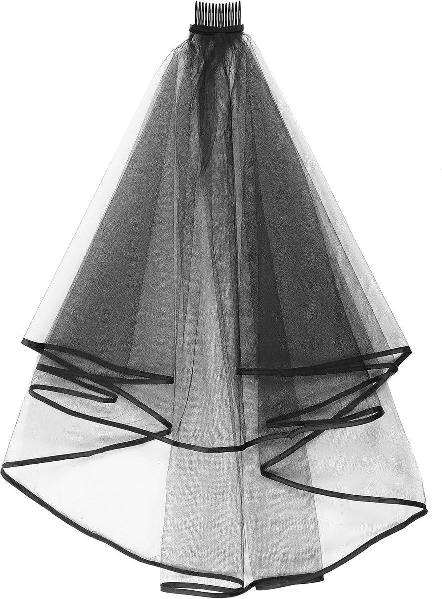 Korte bruidssluier met kam, 2-traps tule, zwart, Halloween, bruidssluier, ellebooglengte, bruiloftssluier, bandrand, 60-80 cm, voor feest, verjaardag, bruiloft, maskerade, zwart, 60/80