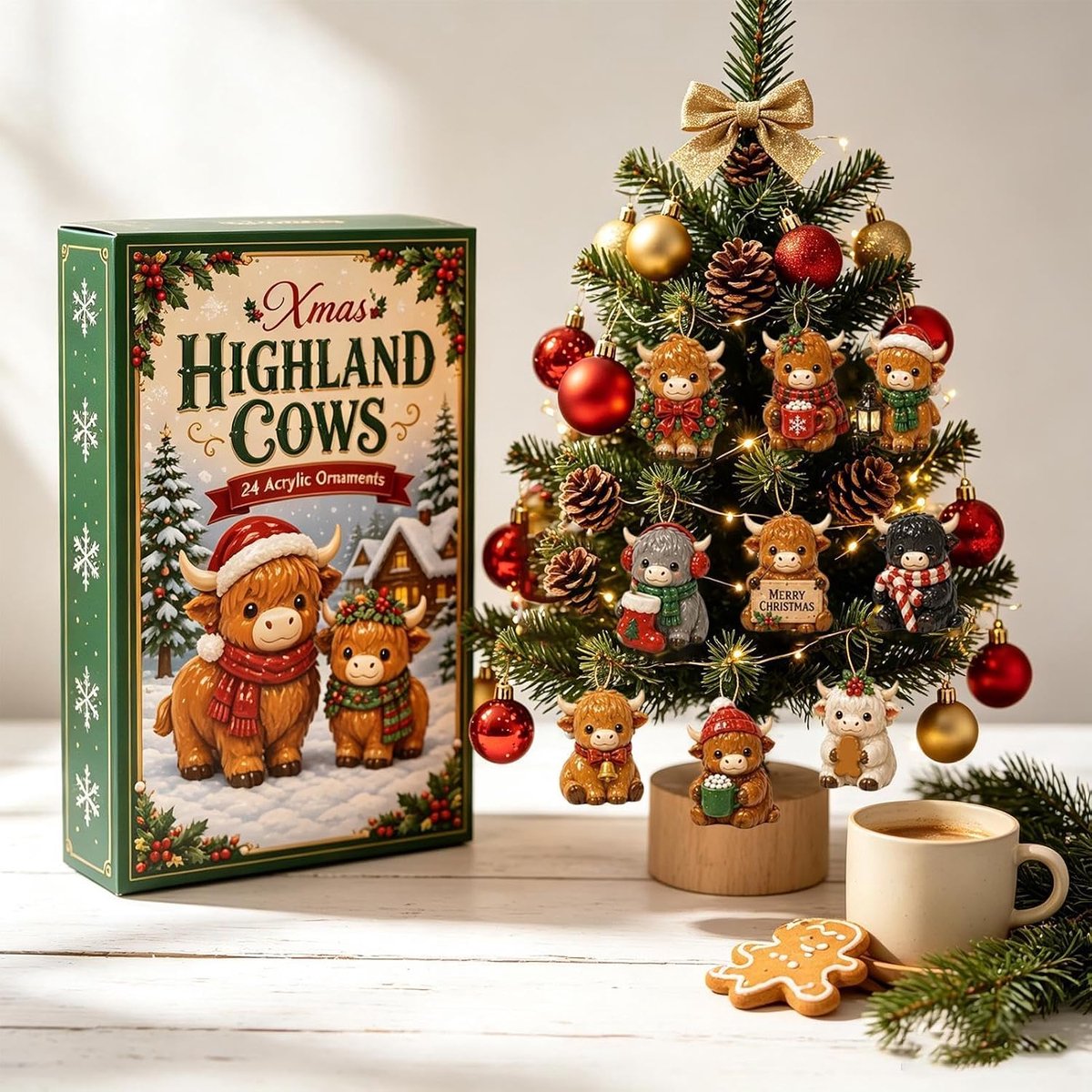 highland cow kerst adventskalender 2026 - 24 stuks - bruin wit zwart - acryl materiaal - 5cm - hoogland koe kerst hangornamenten - kerst aftelkalender - kerstboom decoratie - geschikt voor kerstfeest en cadeau — cadeau in Wonen & Interieur - foto 4