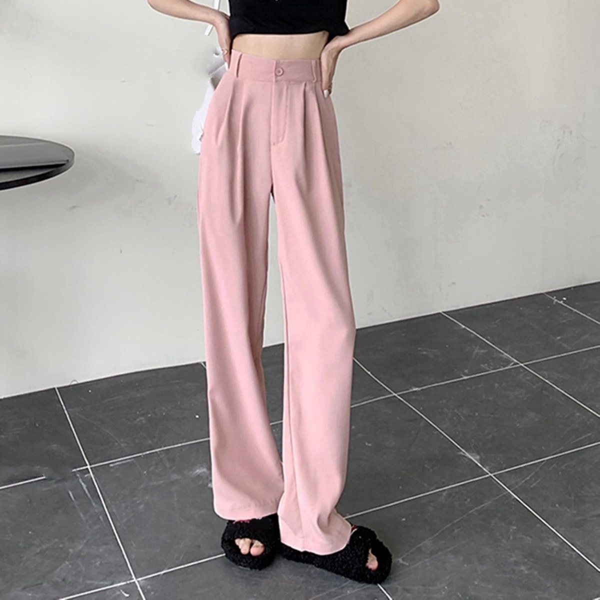 Satijnen Wijde Pijpen Broek - Zomer Dames Rechte Pijpen Broek Mode Dunne Sectie Roze Retro Hoge Taille Losvallende Broek Elegante Dames Pak Wijde Pijpen Broek Casual Homewear,Pink,S