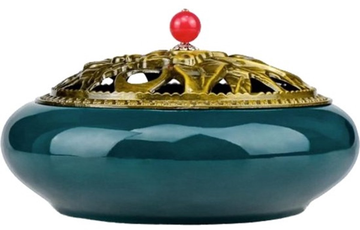 Keramische wierookhouder - Exclusief porselein - Houtskoolbrander met deksel - Chinees porselein - Rond - Thuisornament - Wierookbrander met zeef
