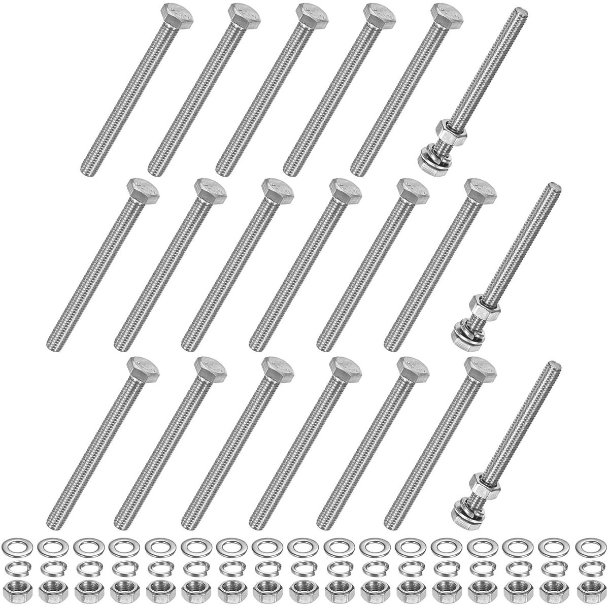 20 stuks zeskantschroeven met moeren met platte sluitringen en vergrendeling, M6 x 65 mm kit schroeven en moeren van roestvrij staal, volledige schroefdraad, metrisch assortiment