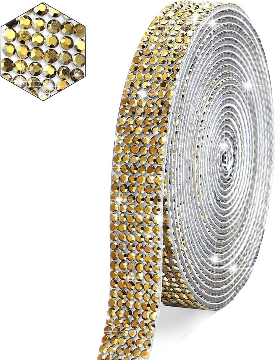 Strasband zelfklevend, kristallen strassband, 1 yard glittersteentjes, zelfklevend, bling stickers voor handwerk, telefoon, bruiloft, feestdecoratie, goud A8 rijen (breedte 1,8 cm)