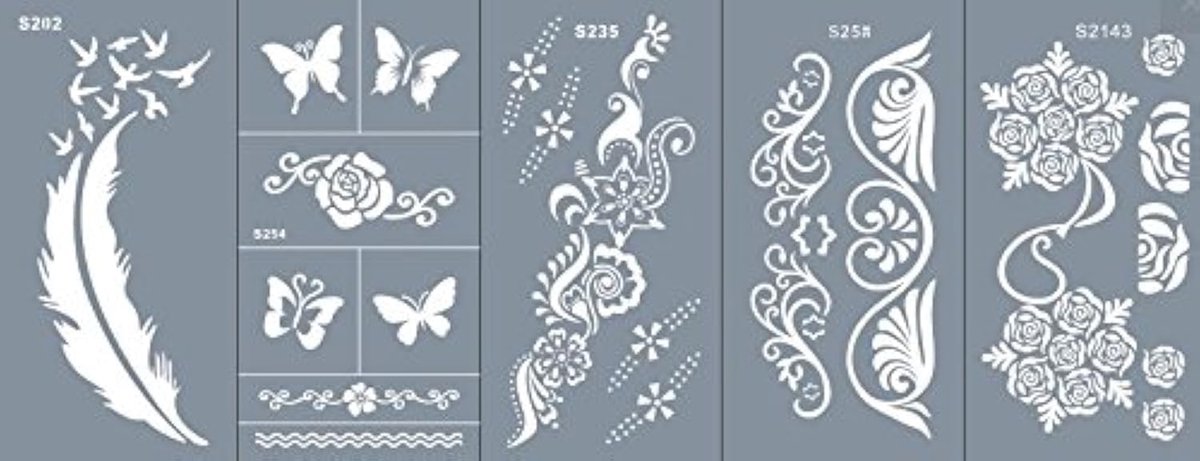5 vellen veren bloemen vlinder tattoo sjabloon met micronet herbruikbare tattoo sjabloon Kaya