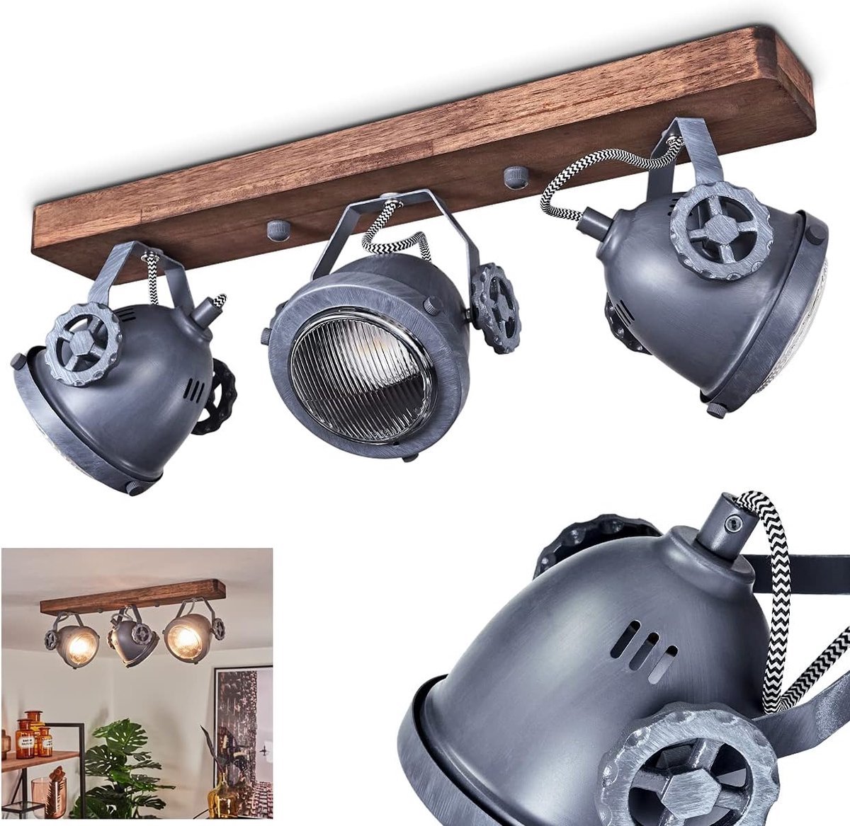 Plafondlamp Herford, 3-lamps kamerlamp in metaal en hout in bruin en grijs met glazen kap, spot is draai- en kantelbaar, 3 x GU10, zonder gloeilampen