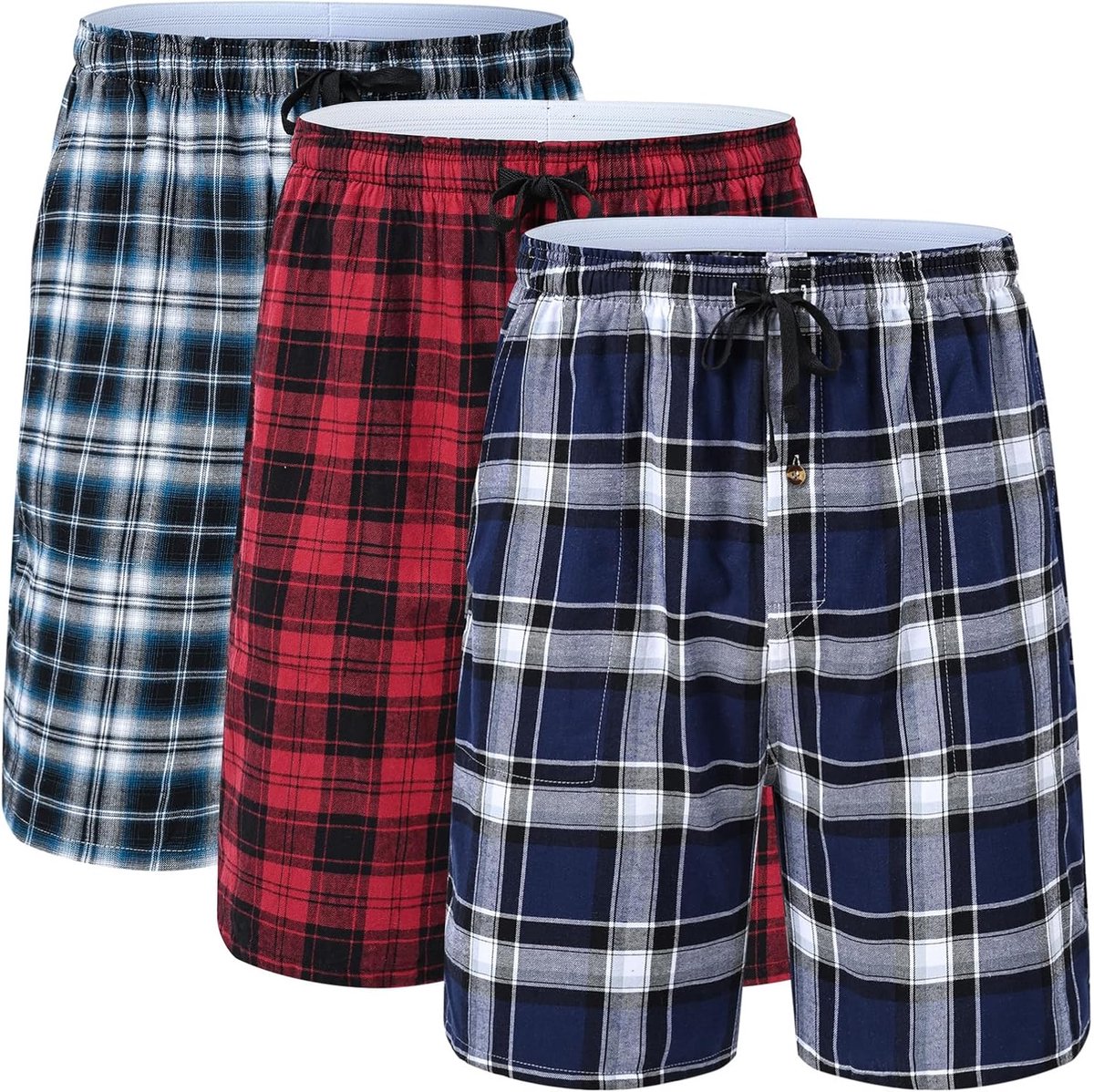 Pyjamabroek voor heren, korte pyjama, katoen, set van 3, geruite slaapbroek, zacht, ademend, zakken, knoopsluiting