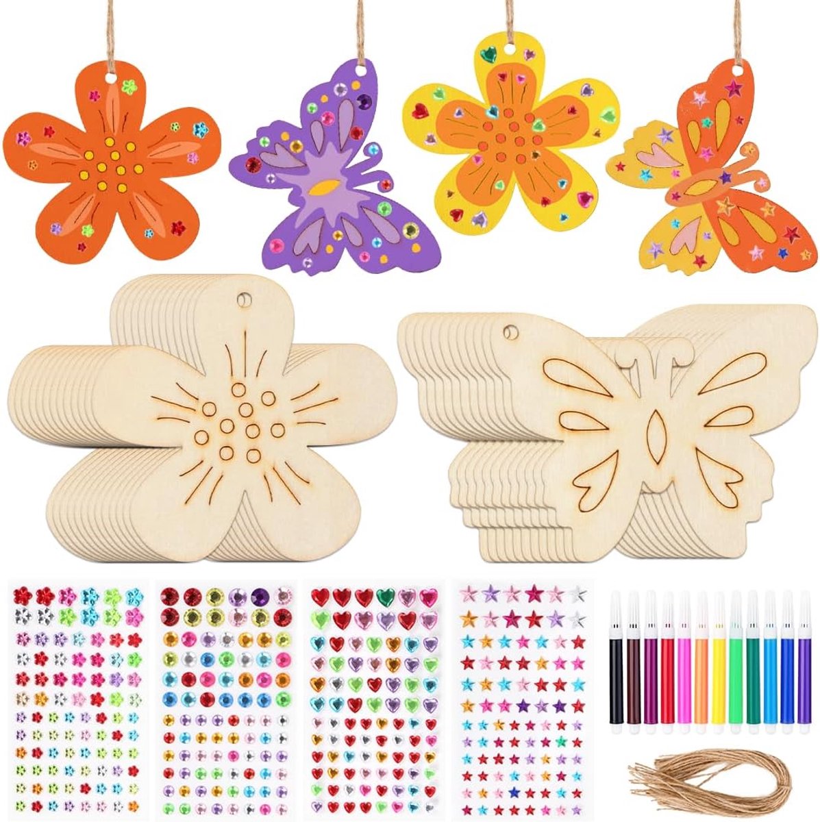 40 stuks knutselset vlinder bloem houten hangers om te beschilderen en te knutselen, met aquarelstift en edelsteenstickers, houten knutselsets kinderen verjaardag cadeautje party