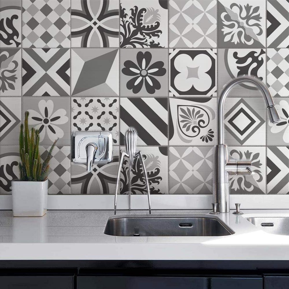 Tegelstickers Badkamer en Keuken 24 Pcs 10x10 cm - PS00209 Wanddecoratie van PVC Waterbestendig Tegels Mozaïek Cementtegels in Azulejos-stijl