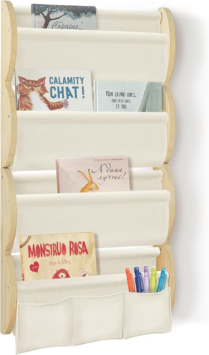 Boekenkast voor kinderen, wandrek, met 4 planken en 3 vakken, kinderrek, wandrek, kinderkamer, rek, golfvormig, massief hout (beige)