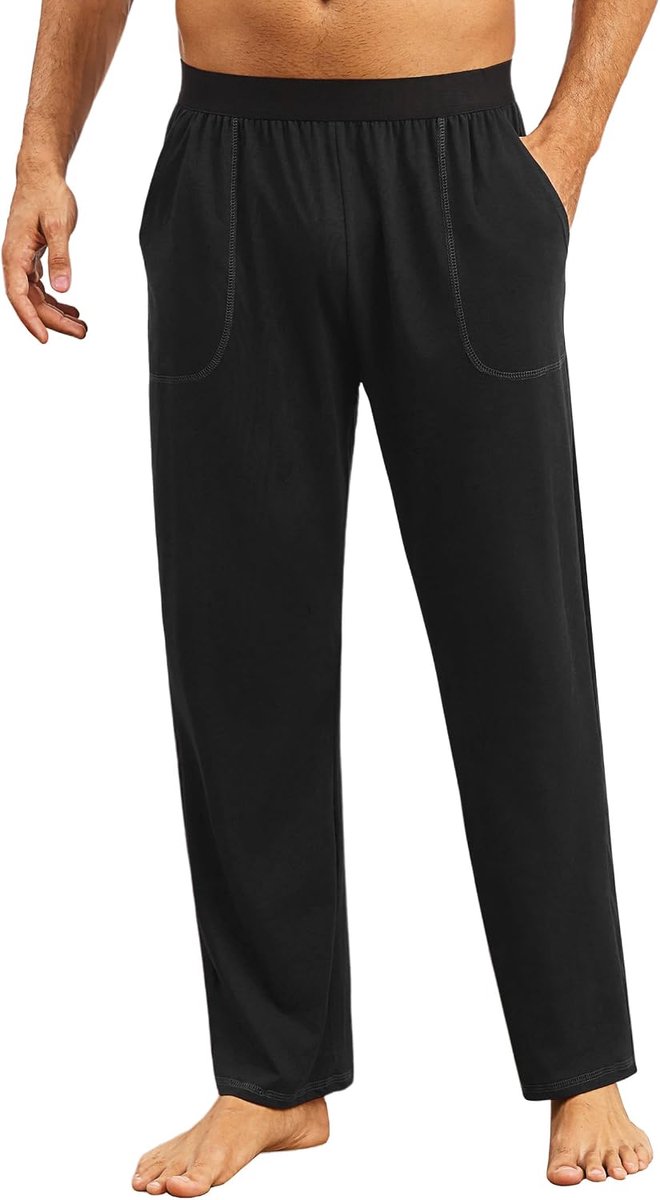 Pyjamabroek voor heren, katoenen broek, lange pyjamabroek, huisbroek met 2 zakken, comfortabele brede effen broek, S-3XL