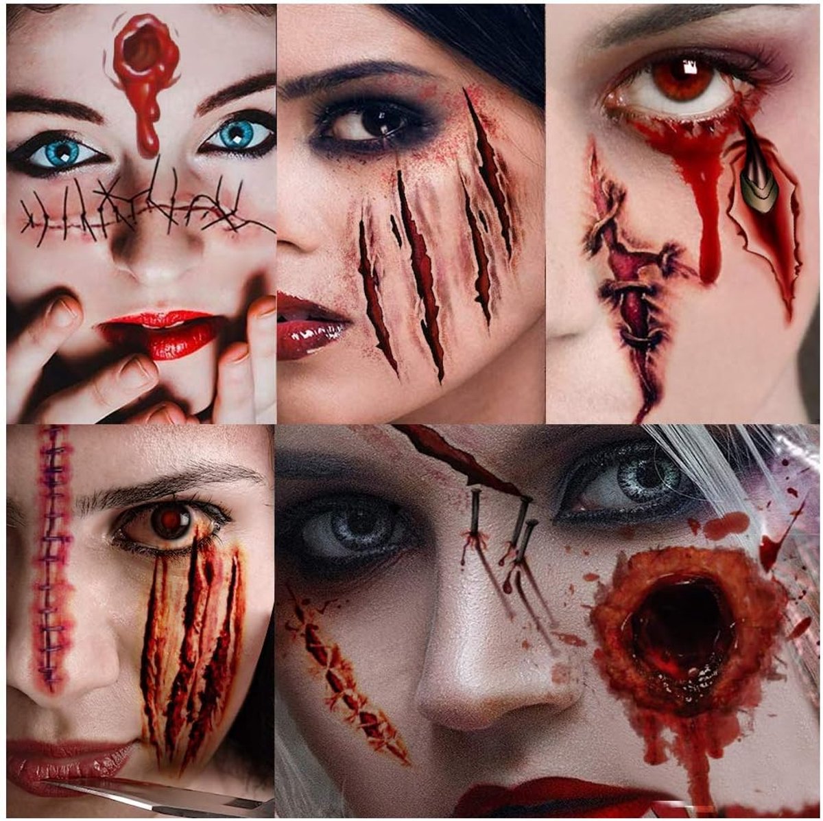 Tijdelijke Halloween-tatoeages, plaktattoos, littekens/opgedroogd nepbloed, 150 stuks, waterdicht, make-up voor een zombiekostuum