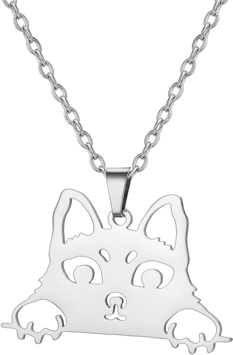 kkjoy Stainless Steel Outgoing Head Cat Collar Cute Cat Pendant Jewelry for Cat Lovers Charming Ladies - ShopVlot