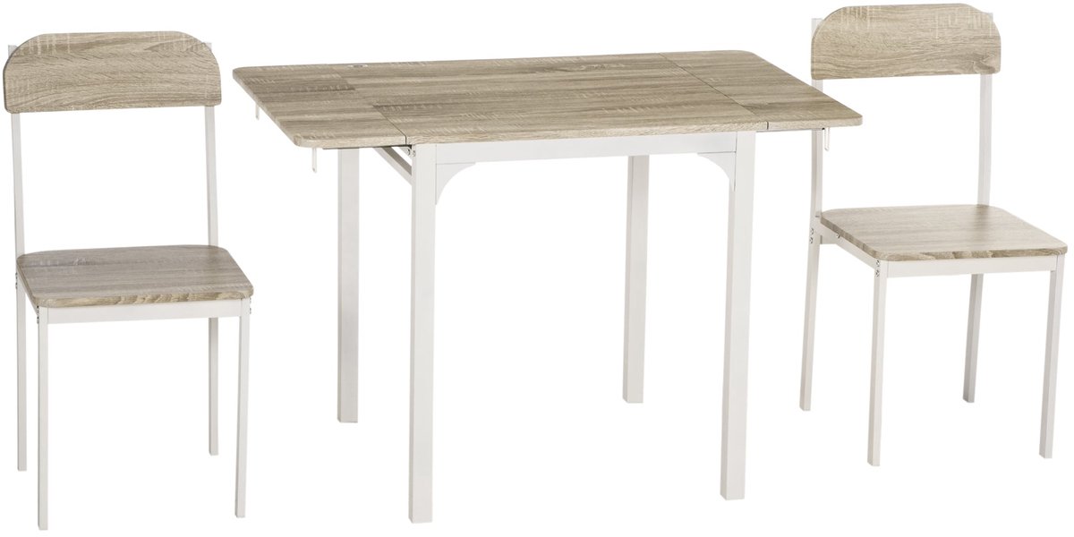Merax Eettafelset 3-Delig Met 2 Stoelen En Klaptafel - Opklapbaar Tafelblad - Ruimtebesparende Keukentafelset - Wit Met Houtlook - 110 X 70 X 75 Cm Beige