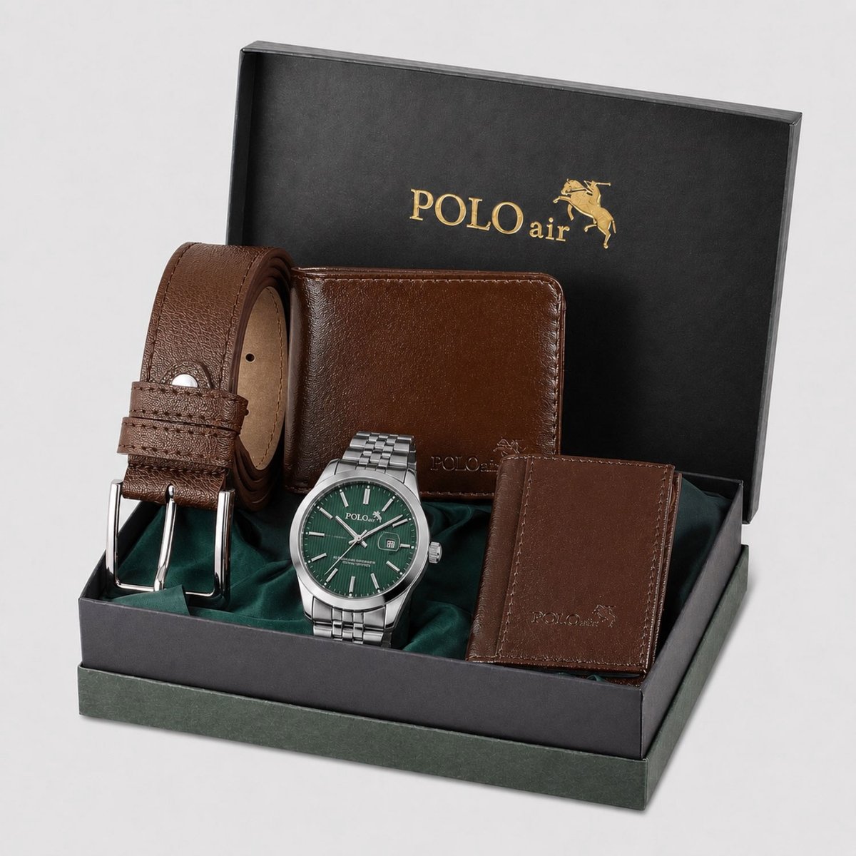 Polo Air Emerald Cognac - Abraham Cadeau - Cadeau Man 50 Jaar - Cadeauset Heren - Valentijn Cadeau Man - Sinterklaas Cadeau - Trouwdag Cadeau - Groen Horloge met Datum, Bruine Riem, Portemonnee & Pasjeshouder in Cadeaudoos - Geschenkset Mannen