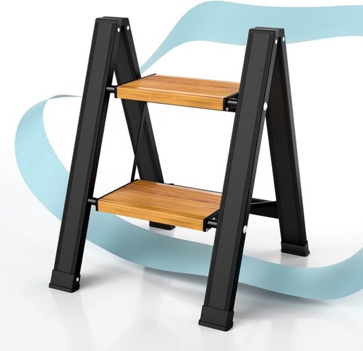 Opvouwbare trapeziumladder - Klusladder - keukenladder - Veilig klussen - Extra brede treden - 2 treden - Zwart - met houtnerf