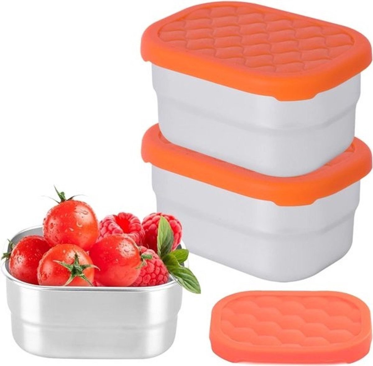 Set van 3 voedselcontainers, 230ml roestvrijstalen snackdozen met siliconen deksel, lekvrije opbergdozen voor snacks, kruiden en dips, ideaal voor salades en maaltijden