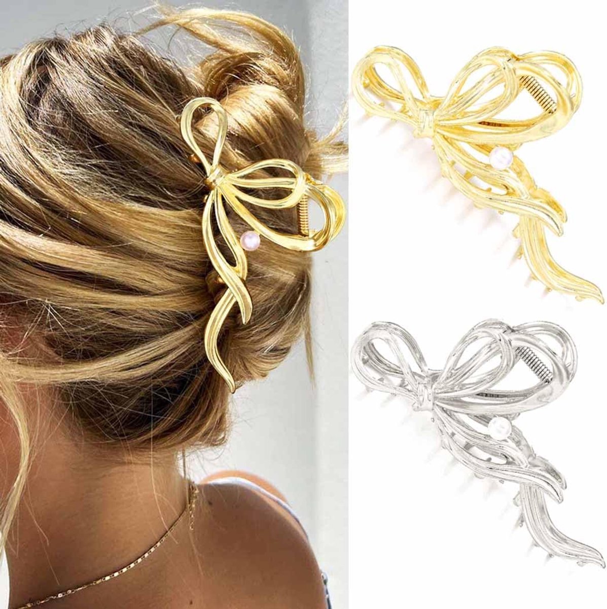 Grote Gouden Strik Haarclip met Parels | Luxe Metalen Haar Klauw voor Dik & Dun Haar