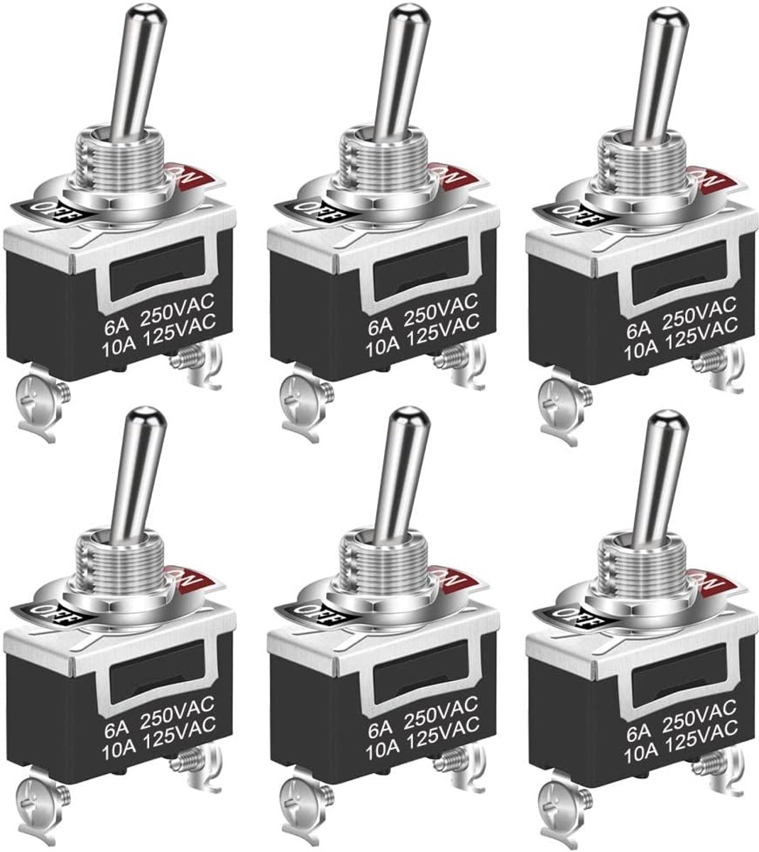 GUUZI Heavy Duty Rocker Rocker Switch 12V-24V-48V-110V/10A, 220V-230V/6A, SPST 2Pin ON/OFF Switch Metal Bat -6 Pack - ShopVlot