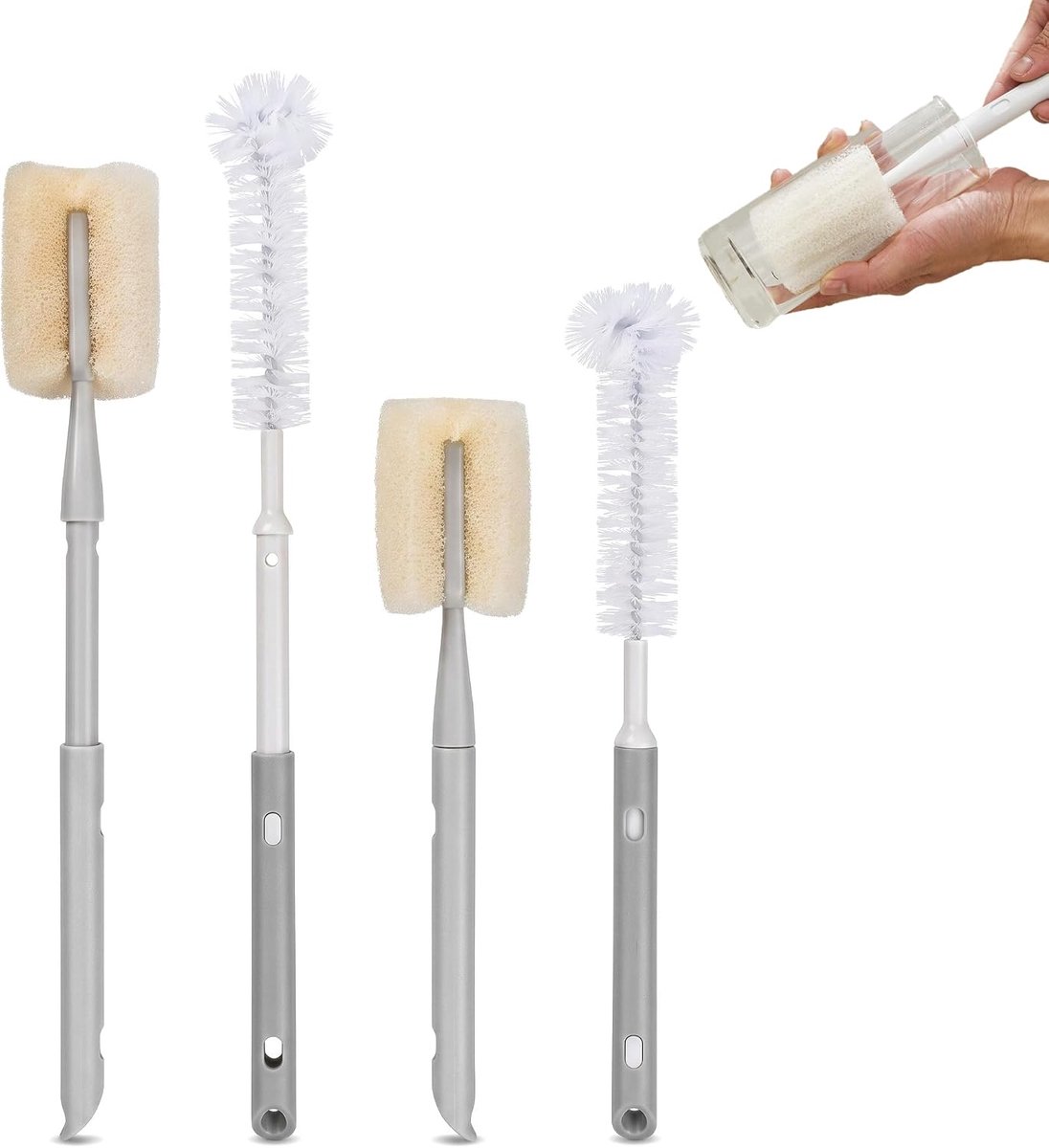 Flessenborstelset (2 sponzen en 2 borstelharen), flessenborstel spons, uittrekbare lange handgreep 29-40 cm, flessenreiniger, reinigingsborstel voor babyflessen, glazen, thermoskan, grijs