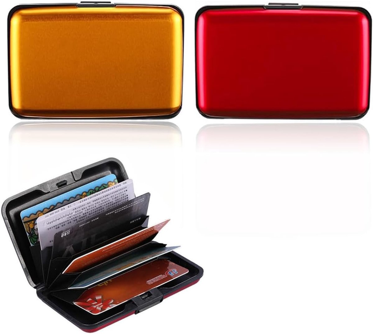2 stuks RFID-creditcardhouder tegen fraude, elegante portemonnee voor dames en heren, 6 aluminium vakken voor maximaal 12 kaarten, zwart met rode en gouden details., Meerkleurig.