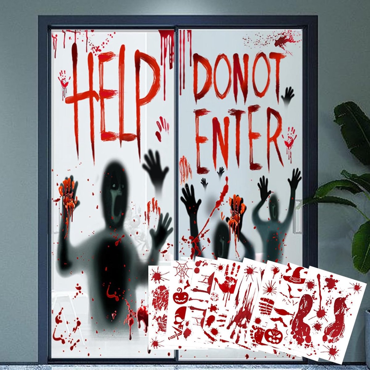 10 stuks Halloween-decoratie, horror, enorme bloedige stickers, posterdecoratie, 2 x Halloween silhouetten, bloedige ramen en 8 x handafdrukken, voor Halloweenfeest, raam, spookhuisdecoratie