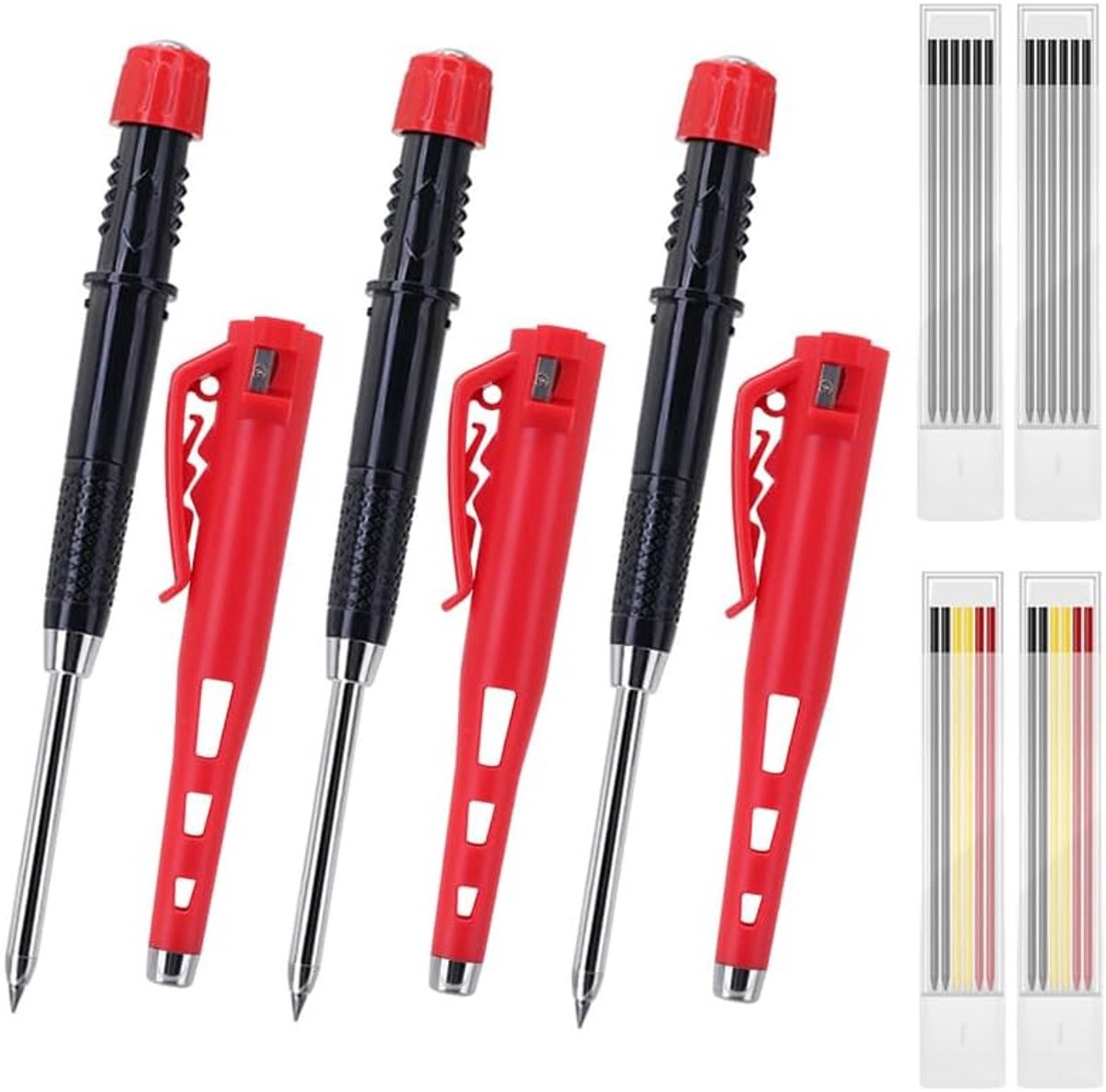 Gat markering timmerman potloodset 55 mm lange neus - 3 houtbewerkingsploden met 24 vullingen, beschermkap en ingebouwde slijper, perfect voor bouw en werkplaatsgebruik (rood)