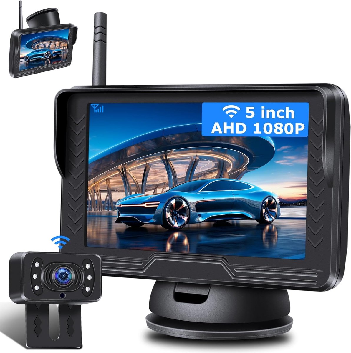 Image AHD 1080P Draadloze achteruitrijcamera met 5 inch monitor, 6 LED, 170° groothoek, voor DC 12 V auto SUV vrachtwagen