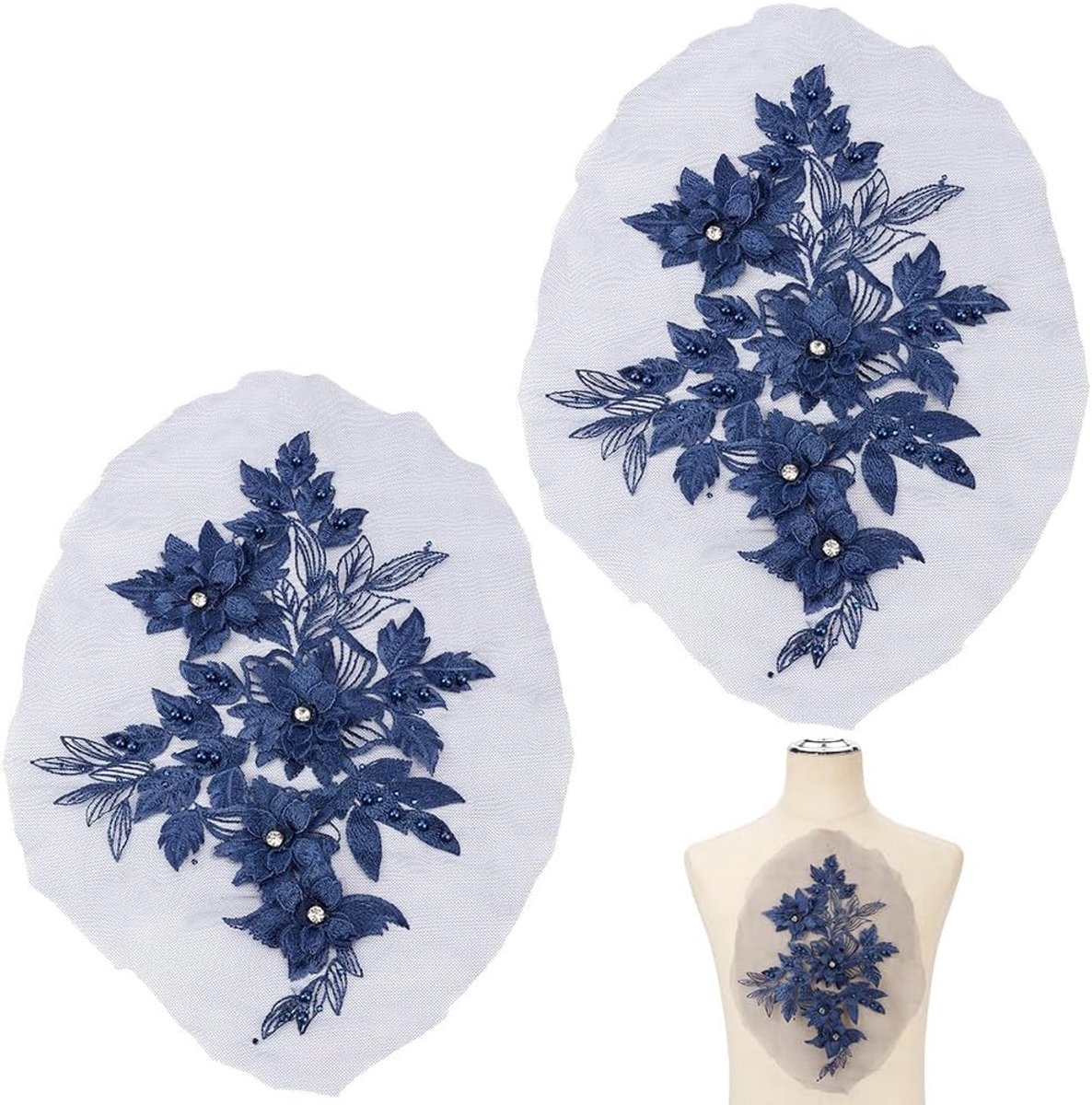 Bloem Stof Kralen Patches Strass Kant Applique Naaien Patches Handgemaakte Kostuum Accessoires Voor Bruiloft Bruidsjurk DIY Ambachten Naaien Kleding Accessoires Blauw