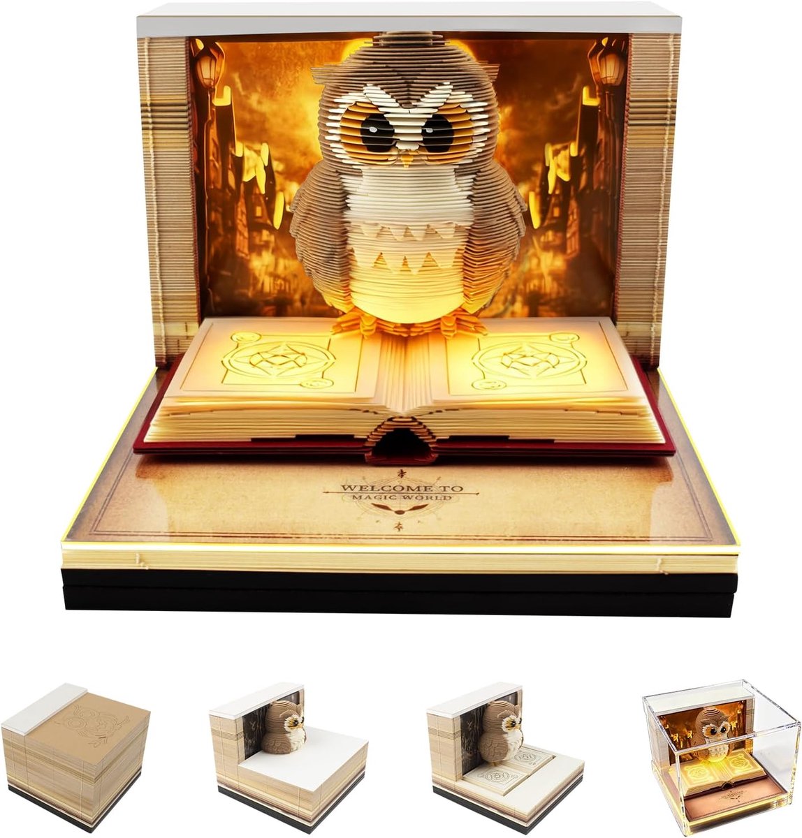 3D-kalender 2026, uilen, 3D-kalender, afscheurkalender 2026, met ledverlichting, 3D-memopad, papier, creatief 3D-notitieblok, papier, snijden, bureaukalender voor thuis, kantoor, decoratie