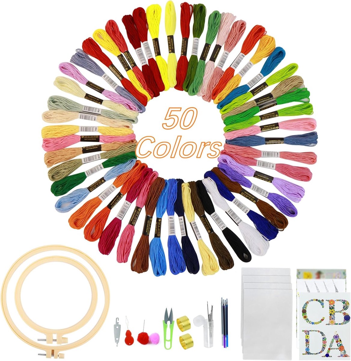 Xiruiubao Borduurset voor beginners, borduurset voor beginners, borduurset voor volwassenen, met 50 kleuren, borduurgaren, 2 borduurframes, kruissteekgereedschap, 4 vellen transferpapier