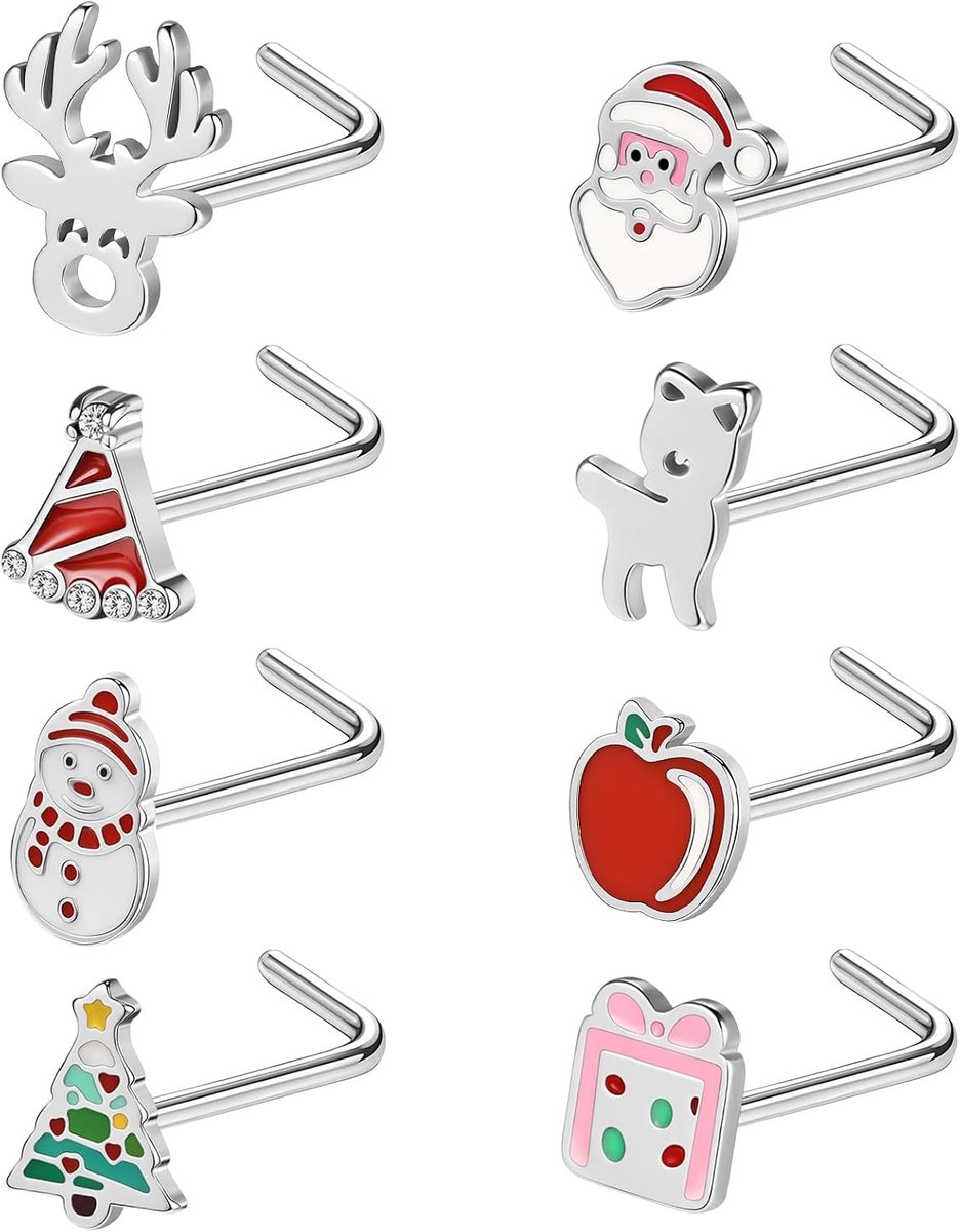 8Pcs 20G Roestvrij Staal Kerst Neus Ringen, Kerstboom Sneeuwvlok Eanden Nogat Sieraden Zilver, Kerst Kurkentrekker Nogat Studs L Vorm Neus Ringen Voor Vrouwen