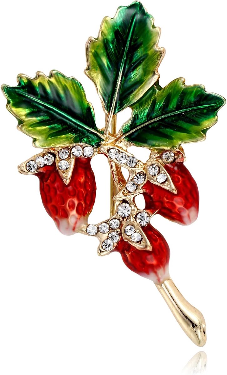 Aardbei Broche Zinklegering Fruit Speld voor Vrouwen Emaille Bessen Kristallen Blad Hangertjes Pakken Jurken Accessoires Cadeaus