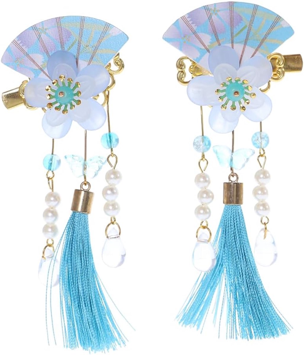 Blauwe waaiervorm Sakura kersenbloesem kwasten haarclip haarspeld Japan Geisha kimono China Hanfu accessoire