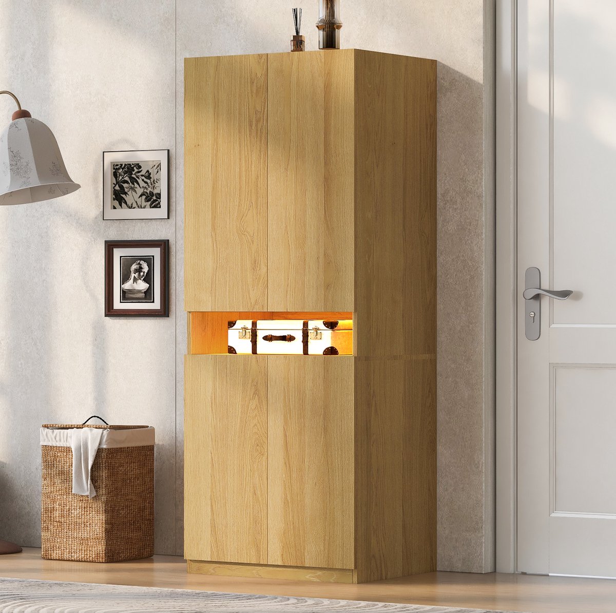 FloraGrace Kledingkast - LED-Verlicht Opbergvak En Hanggedeelte - Voor Slaapkamer - MDF, Metaal En Multiplex - 70x55x180 Cm - Houtkleur