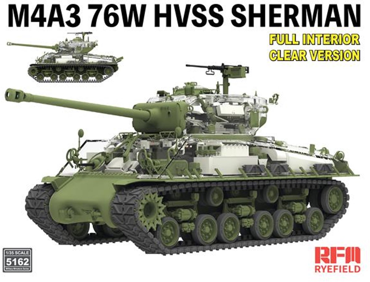 Rye Field Model Modelbouwpakket Militaire voertuigen - 5162 M4A3 76W HVSS Sherman Late WWII met Transparante Romp en Volledig Interieur - Amerikaanse Middelzware Tank Plastic - 1:35 - Modelbouw