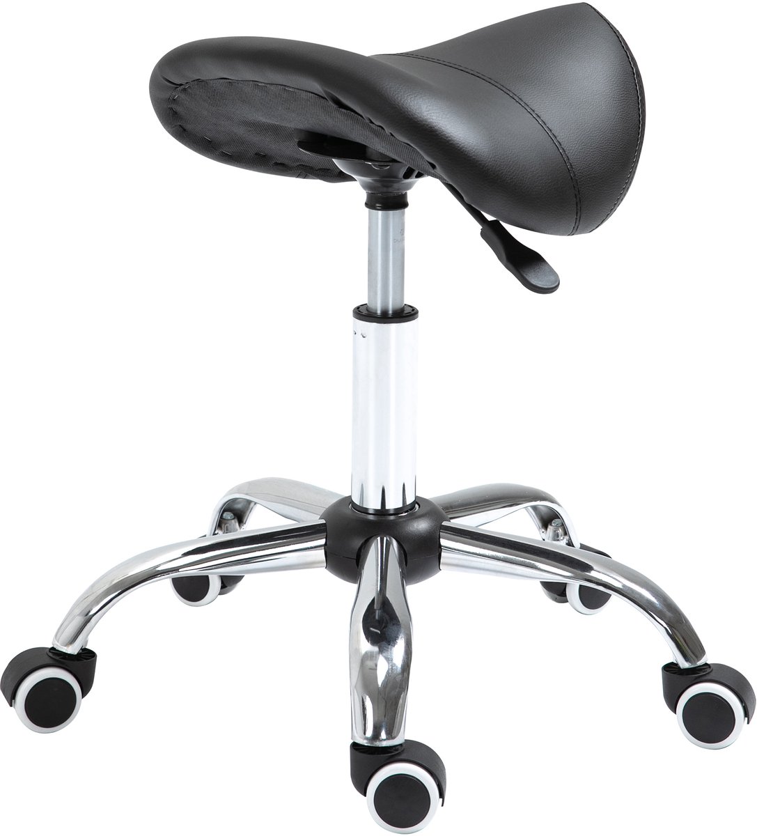 Zadelkruk - in hoogte verstelbaar 49-61 cm, 360° draaibaar, op wielen, zadelzitting, kunstleer, zwart, voor salon en spa