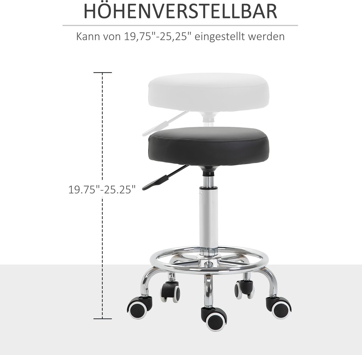 Rolkruk - in hoogte verstelbaar, 360° draaibaar, op wielen, kunstleer, tot 110 kg, zwart