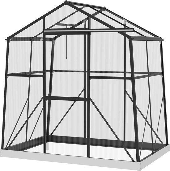 Zwarte kas met heldere panelen en een metalen frame, staand op een grijze basis.