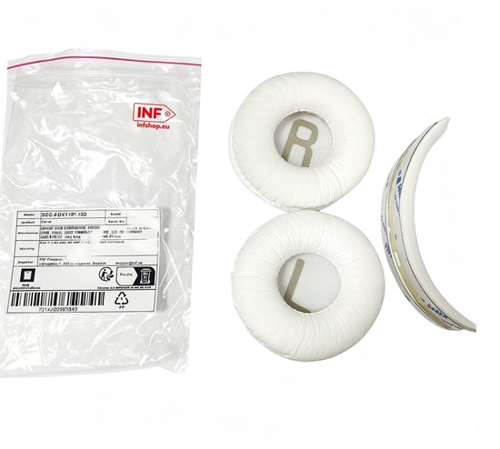 Coussinets d'oreille blancs avec R et L, et un coussin de bandeau blanc pour un casque. Emballage plastique INF.