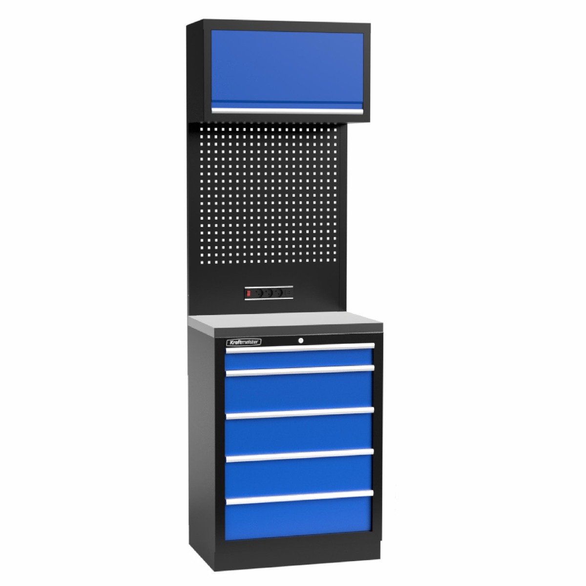 Kraftmeister werkplaatsinrichting - Werkbank met 1 wandkast en RVS werkblad - Werktafel met 5 laden en gereedschapswand - Complete set voor werkplaats of garage - Blauw