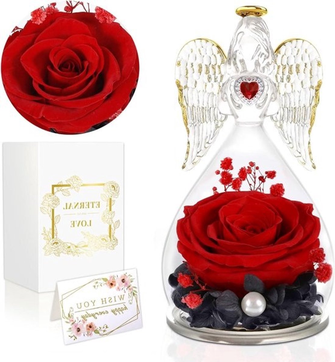 Eeuwige roos - Engel - Gedroogde bloem - Geconserveerde roos - Cadeau geven - Echte roos - In glas