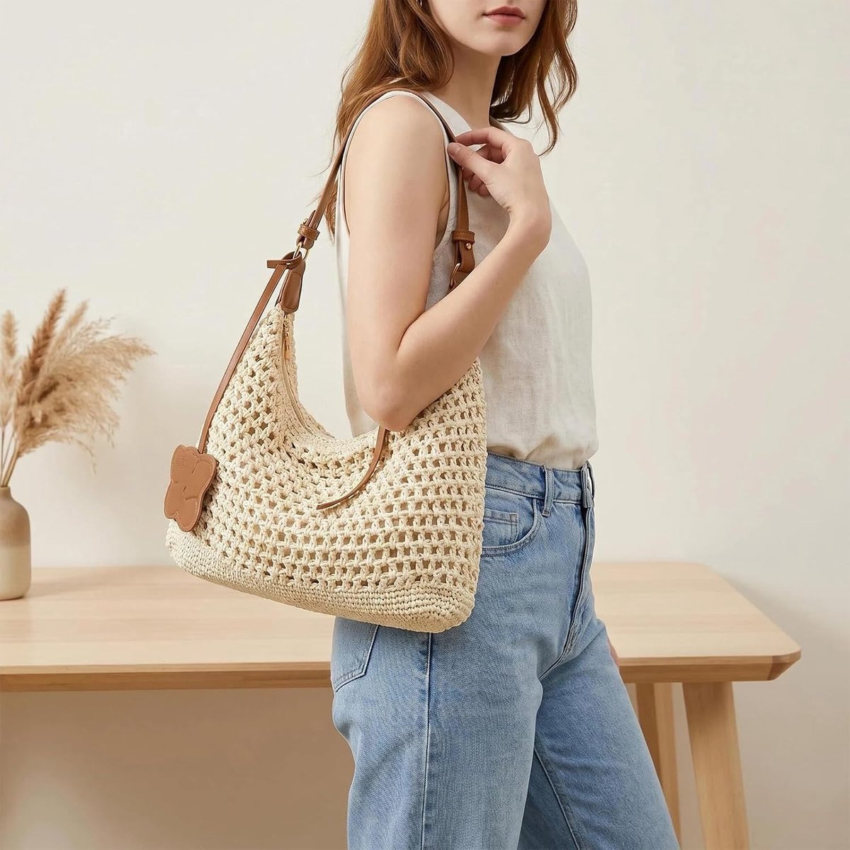 Schoudertas van katoen voor dames, stro, voor zomer, boho, strand, zomer, tote bag, gehaakte handtas, voor reizen, party, vakantie