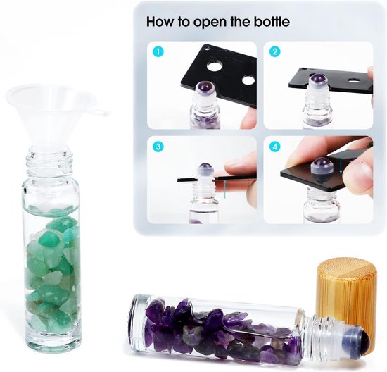 10 stuks 10 ml edelsteenrollerflesjes, proefflesjes met bamboedoppen, helende kristalchips erin voor etherische oliën, parfums, aromatherapie — afbeelding 5
